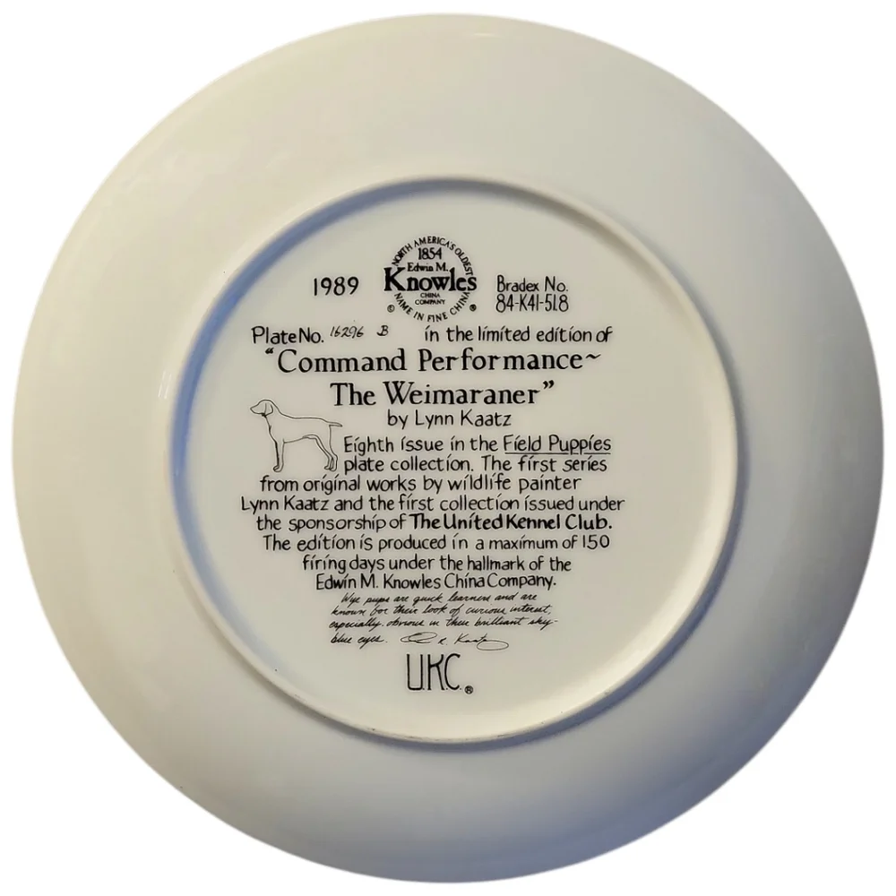 Vtg 89 Weimaraner Field Puppies Command Performance United Kennel Club Dog Plate
